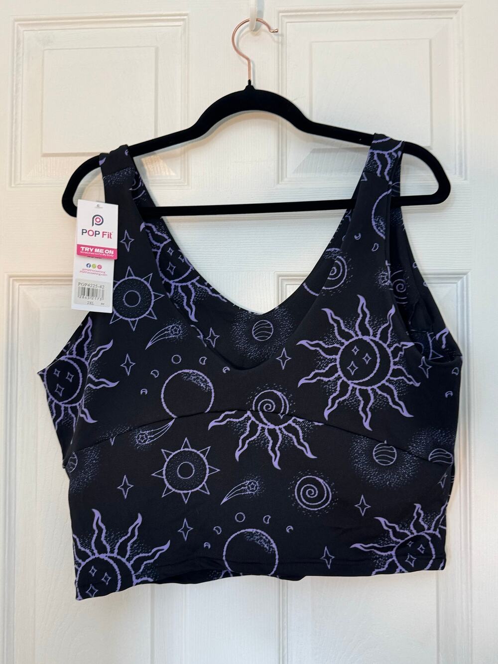 POP Fit Celestial Sun Moon Sports Bra 2XL NWT Black Purple Plus Size